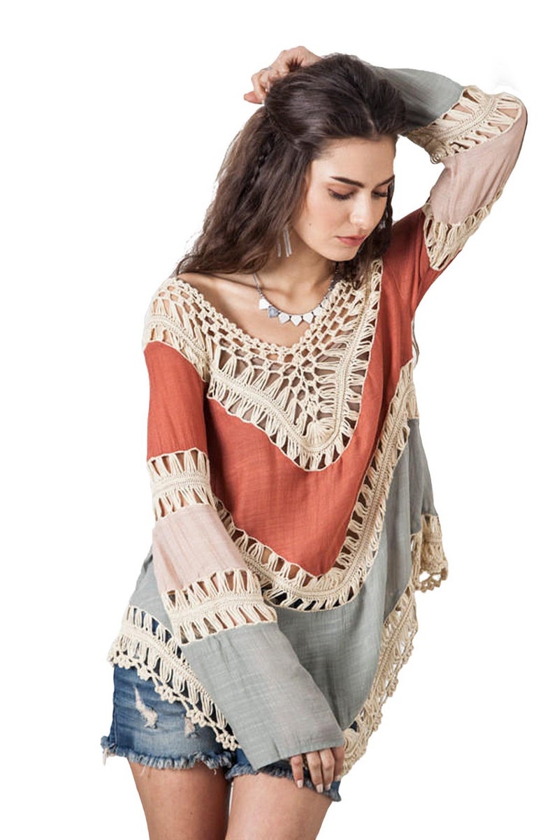 Vanbuy Women s Bohemian Crochet Shirt Tunic Tops Blouses Beach Bikini Coverup Z01-91-Orange - Image 1